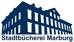 Dunkelblaues Logo der Stadtbücherei bestehend aus der gezeichneten Frontansicht des Hauses und dem Text "Stadtbücherei Marburg"